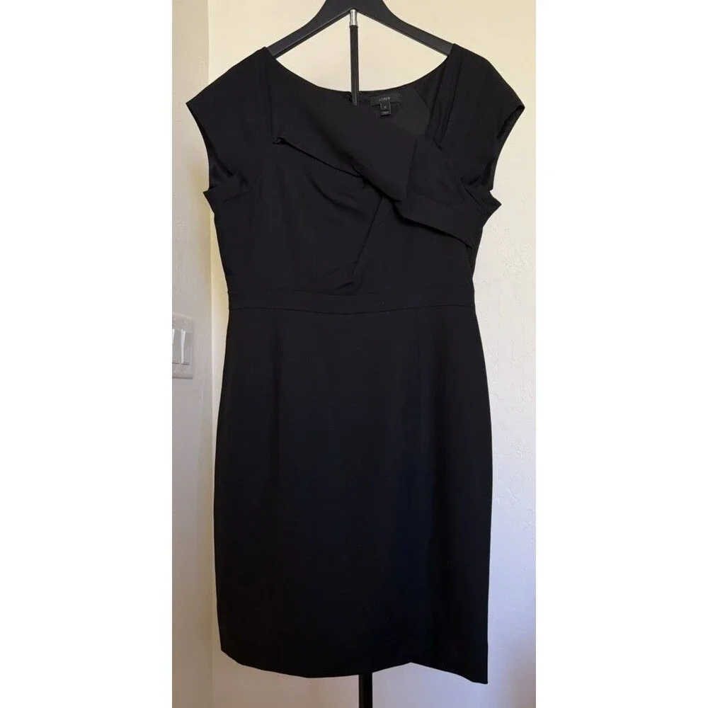 J Crew Black Asymmetrical Neck 100% Wool Black Sheath Dress Size 12 Sophisticate